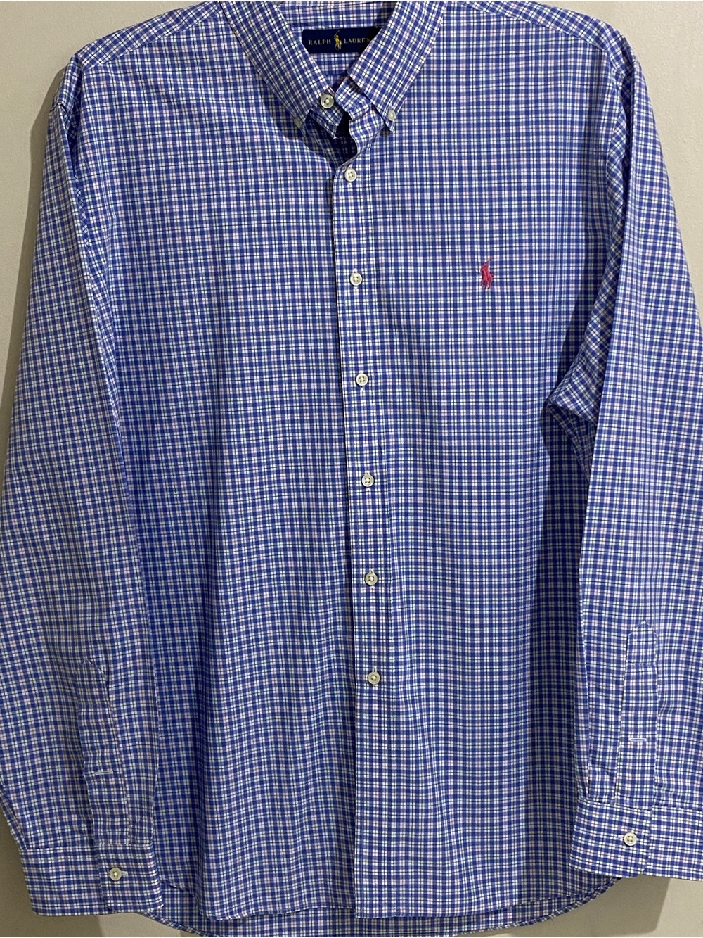 Ralph Lauren Men’s Blue and White Checked Button-Down Shirt Pink Pony